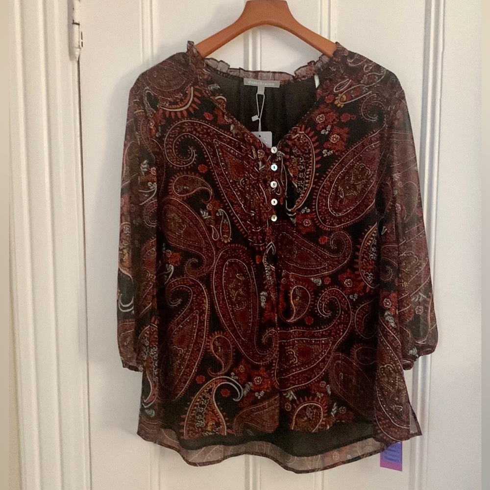 NWT Daniel Rainn Paisley Sheer Blouse with 3/4 Sleeves - Size 1X
